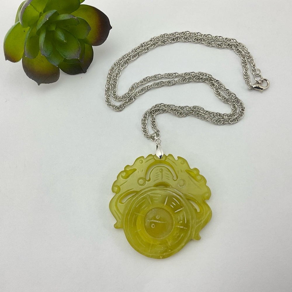 New Jade Dragon Spinner Pendant, Handmade, Yellow Green Jade, Unisex, 24" L - Picture 6 of 10